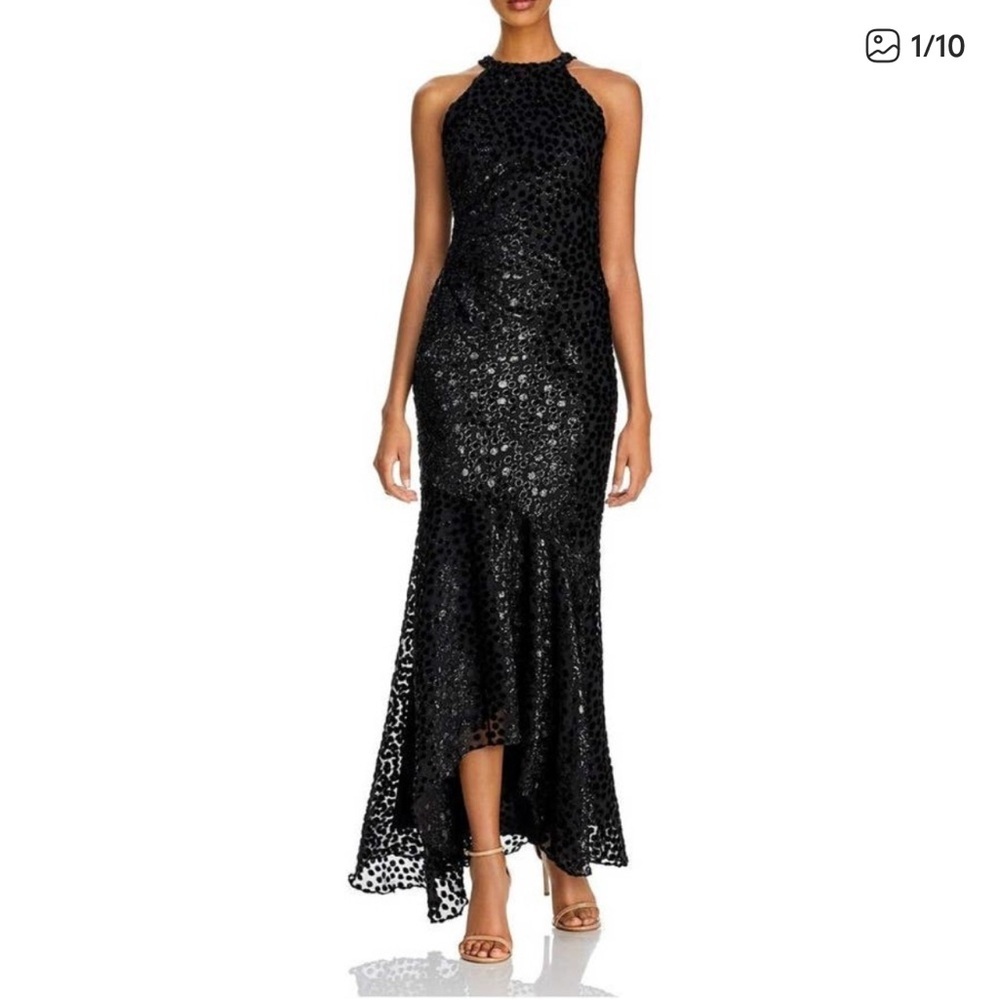 Shoshanna Cleona Black Halter Mermaid Dress Size 0 Flocked Dot Sequin High-Low